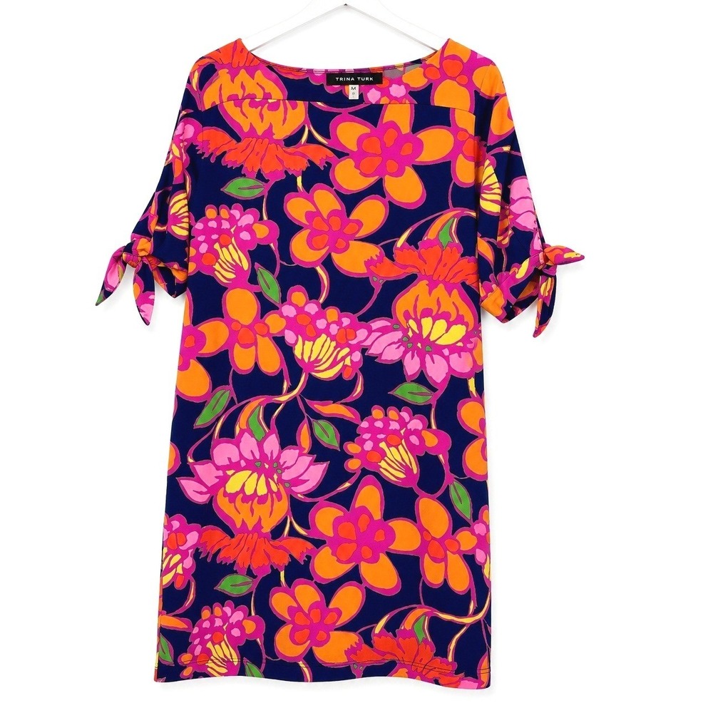 Trina Turk Floral Shift Dress Navy Pink Orange Tie Sleeve Size M